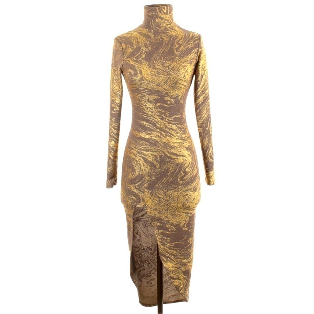 Uptown USA Italian Marble gold turtleneck dress fitted BodyCon midi small